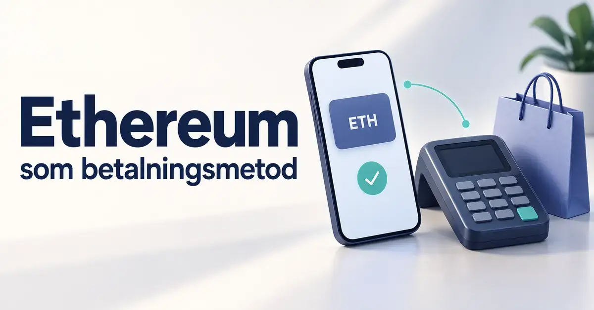 Illustration av Ethereum som betalningsmetod med en mobiltelefon som visar ETH och en bock, en betalterminal och en shoppingpåse.