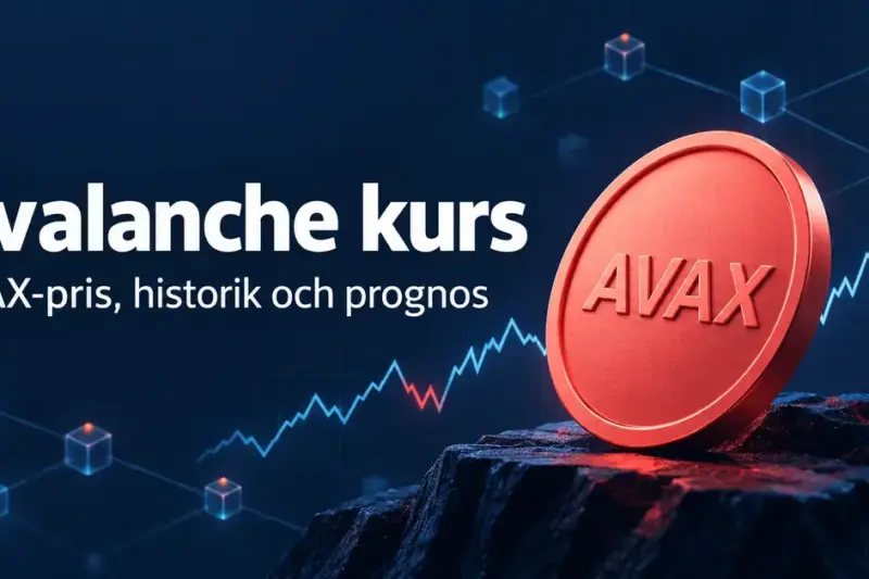 Illustration av ett korallrött mynt med texten AVAX framför en stiliserad kurskurva och blockkedjenätverk, med rubriken ”Avalanche kurs” och underrubriken ”AVAX-pris, historik och prognos”.