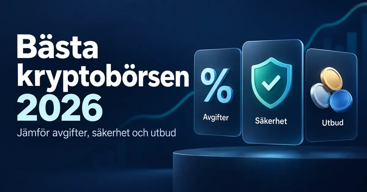 Illustration med texten ”Bästa kryptobörsen 2026” och symboler för avgifter, säkerhet och utbud i form av ett procenttecken, en sköld och digitala mynt.