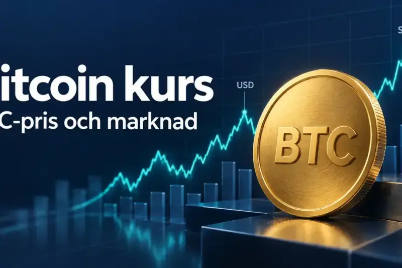 Ett guldfärgat mynt märkt BTC framför en stiliserad kurskurva med USD och SEK samt texten ”Bitcoin kurs – BTC-pris och marknad”.