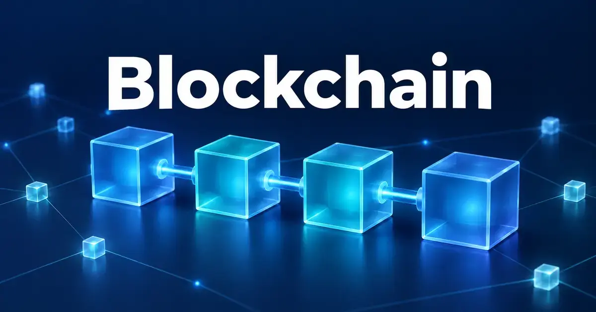 Fyra lysande blå block sammanlänkade i ett nätverk mot mörkblå bakgrund med rubriken Blockchain.
