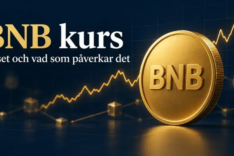 Ett guldfärgat mynt med texten BNB framför en stiliserad kurskurva och sammankopplade block på mörkblå bakgrund, med rubriken ”BNB kurs” och underrubriken ”Priset och vad som påverkar det”.