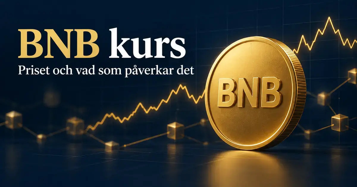 Ett guldfärgat mynt med texten BNB framför en stiliserad kurskurva och sammankopplade block på mörkblå bakgrund, med rubriken ”BNB kurs” och underrubriken ”Priset och vad som påverkar det”.