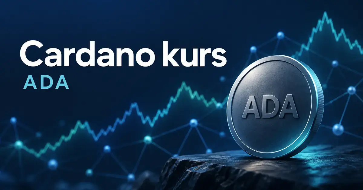 Illustration med texten ”Cardano kurs”, ett mynt märkt ADA och en stiliserad kurskurva mot en mörkblå bakgrund med sammankopplade nätverksnoder.