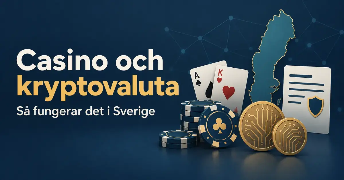 Illustration med spelmarker, spelkort, digitala mynt och en Sverigekarta samt texten ”Casino och kryptovaluta – Så fungerar det i Sverige”.