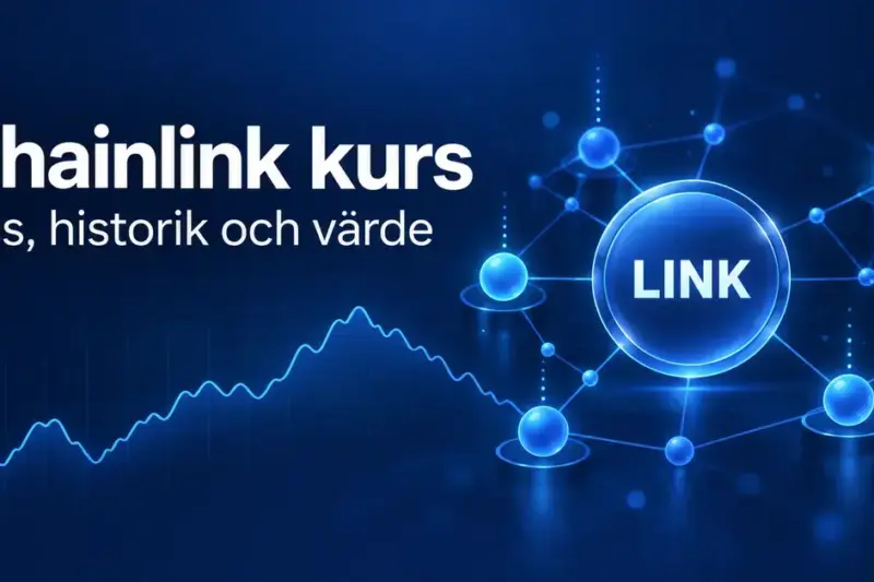 Illustration av Chainlinks kurs med texten ”Chainlink kurs”, en LINK-token, sammankopplade datanoder och en stiliserad priskurva mot mörkblå bakgrund.