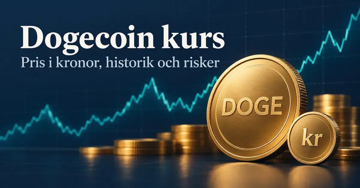 Guldfärgade mynt märkta DOGE och kr framför en stiliserad kurskurva med rubriken Dogecoin kurs och texten Pris i kronor, historik och risker.