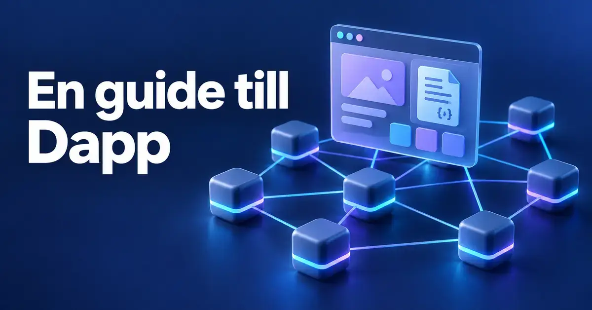Illustration av en decentraliserad applikation ovanför ett nätverk av sammankopplade noder, med rubriken ”En guide till Dapp”.