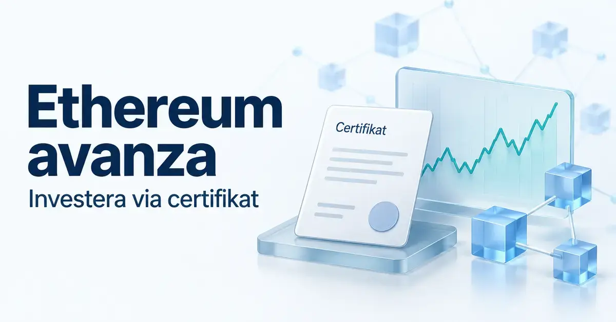 Illustration av ett certifikat, ett kursdiagram och sammankopplade block med texten ”Ethereum avanza – Investera via certifikat”.