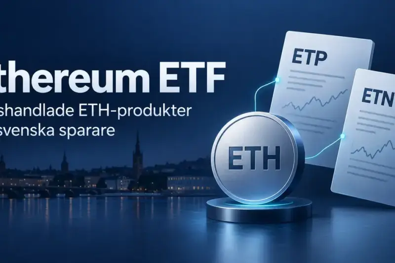 Illustration av ett ETH-mynt kopplat till värdepapper märkta ETP och ETN, med rubriken Ethereum ETF och Stockholms silhuett i bakgrunden.