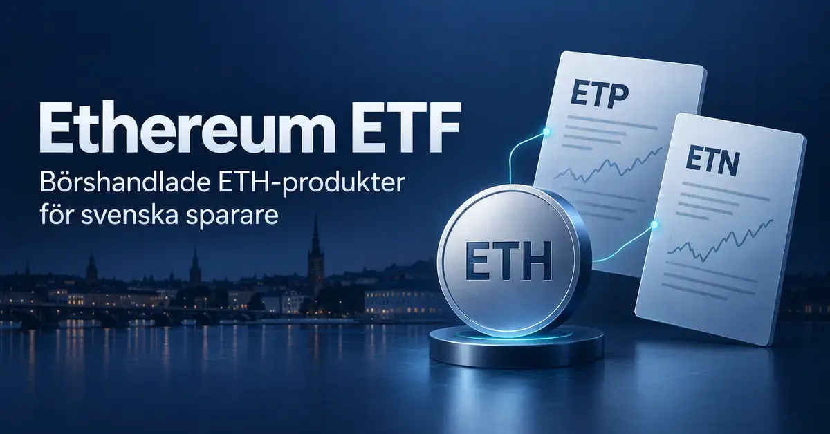 Illustration av ett ETH-mynt kopplat till värdepapper märkta ETP och ETN, med rubriken Ethereum ETF och Stockholms silhuett i bakgrunden.
