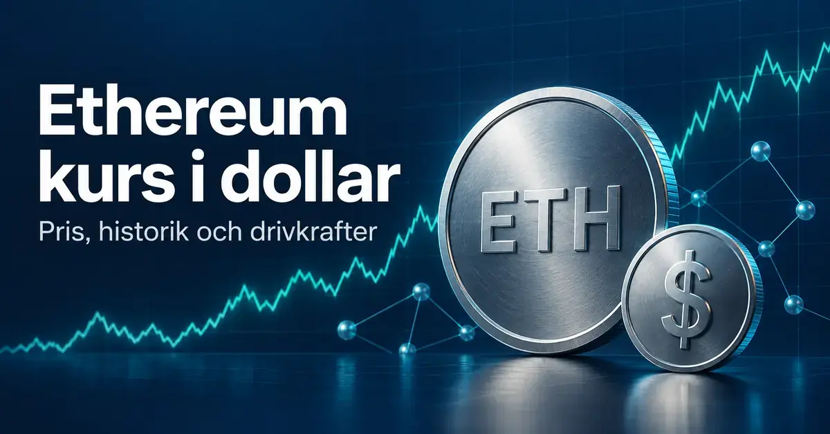 Illustration av mynt märkta ETH och dollar framför en turkos kurskurva och nätverksnoder, med texten ”Ethereum kurs i dollar – Pris, historik och drivkrafter”.