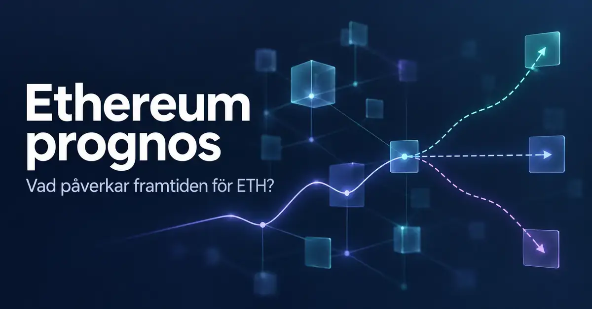 Illustration med texten Ethereum prognos och en kurva som förgrenas uppåt, åt sidan och nedåt för att visa olika möjliga framtidsutsikter för ETH.