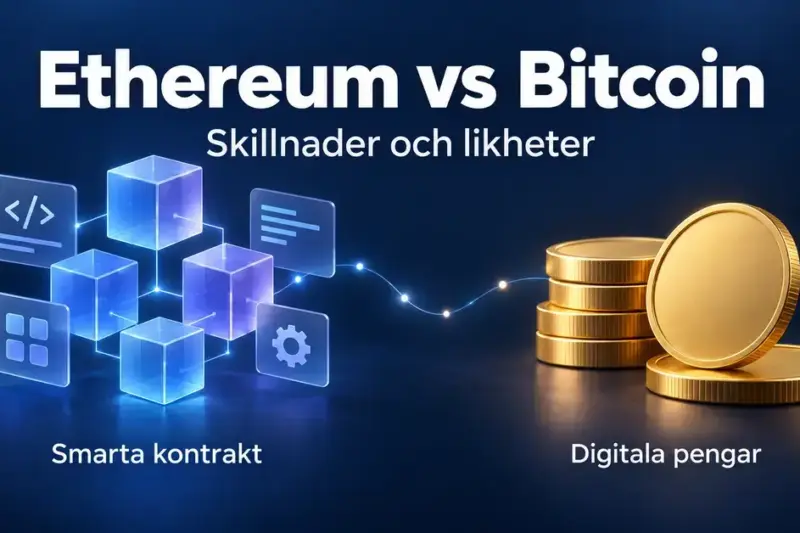 Jämförelse mellan Ethereum och Bitcoin, med blå sammankopplade kuber för smarta kontrakt och guldfärgade mynt för digitala pengar.
