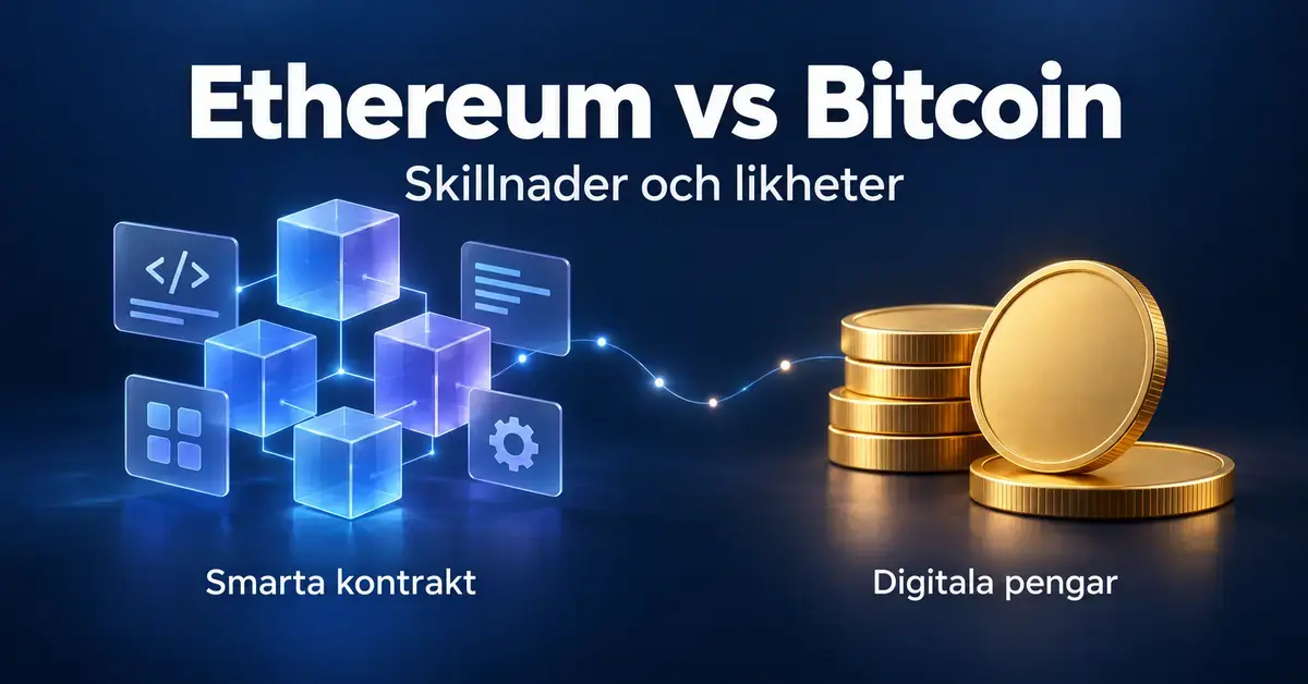 Jämförelse mellan Ethereum och Bitcoin, med blå sammankopplade kuber för smarta kontrakt och guldfärgade mynt för digitala pengar.