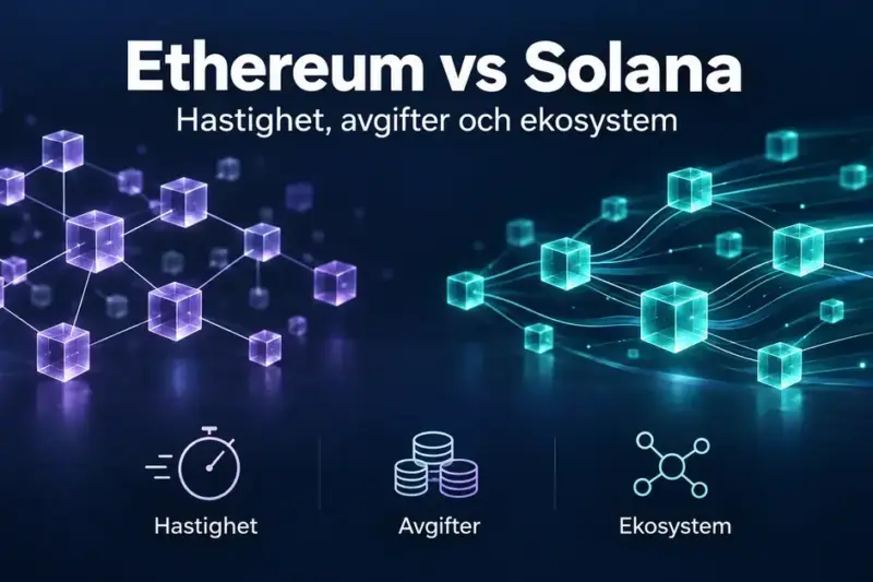 Illustration av Ethereum och Solana som lila och turkosa blockkedjenätverk med symboler för hastighet, avgifter och ekosystem.