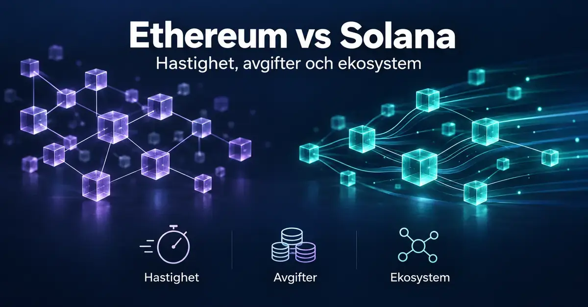 Illustration av Ethereum och Solana som lila och turkosa blockkedjenätverk med symboler för hastighet, avgifter och ekosystem.