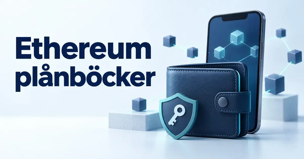 Illustration av en digital plånbok framför en mobiltelefon med sammankopplade block och en sköld med nyckel under rubriken Ethereum plånböcker.