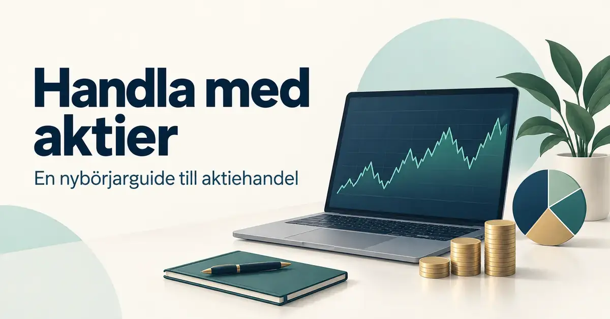 Illustration med rubriken ”Handla med aktier”, en bärbar dator med en börskurva, myntstaplar och ett cirkeldiagram bredvid en anteckningsbok.