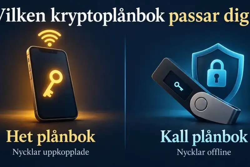 Jämförelse mellan en het kryptoplånbok i mobilen med internetanslutna nycklar och en kall hårdvaruplånbok med nycklar offline, illustrerad med en sköld och ett hänglås.