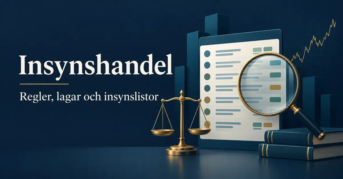 Illustration av en insynslista med förstoringsglas, balansvåg och börskurva samt texten ”Insynshandel – Regler, lagar och insynslistor”.