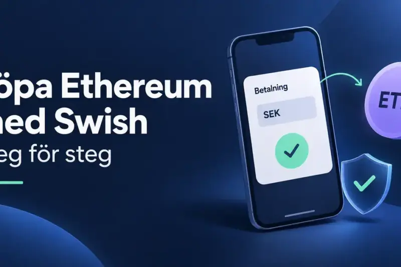 Illustration av en mobilbetalning i svenska kronor som växlas till ETH, med en säkerhetssymbol och texten ”Köpa Ethereum med Swish – steg för steg”.