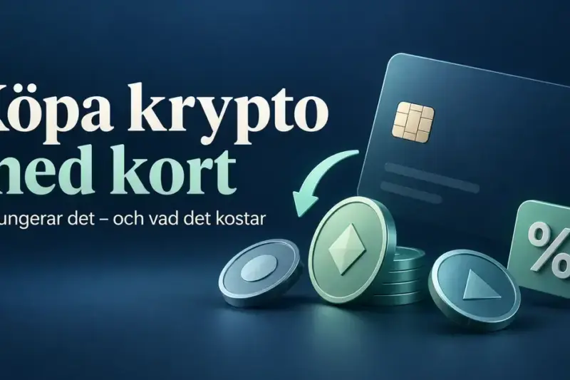 Illustration av ett betalkort, digitala mynt och ett procenttecken med texten ”Köpa krypto med kort – Så fungerar det – och vad det kostar”.