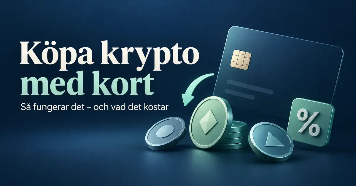 Illustration av ett betalkort, digitala mynt och ett procenttecken med texten ”Köpa krypto med kort – Så fungerar det – och vad det kostar”.