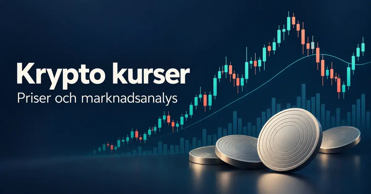 Illustration av kryptokurser med gröna och korallfärgade kursstaplar, en trendlinje och stiliserade mynt mot en mörkblå bakgrund.