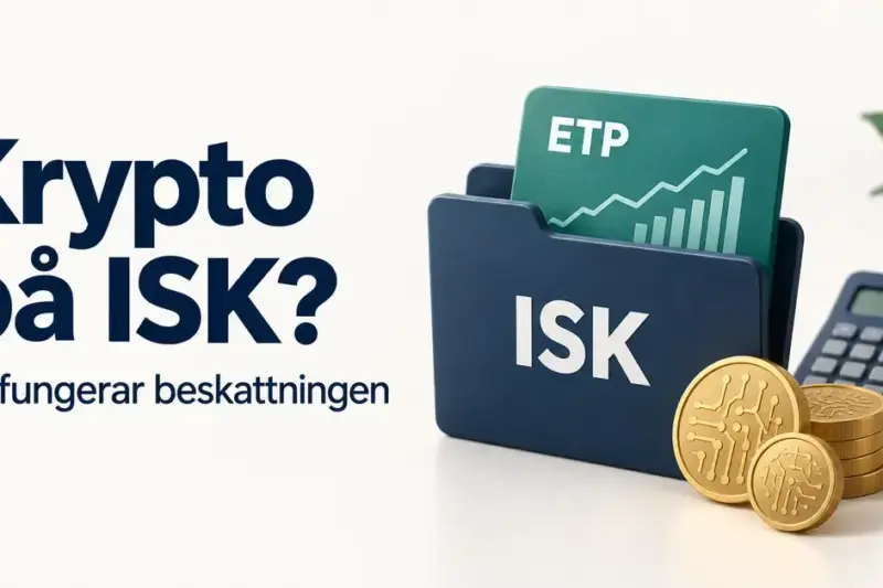 Illustration av en ISK-mapp med ett ETP-värdepapper, digitala mynt och en miniräknare intill texten ”Krypto på ISK? Så fungerar beskattningen”.