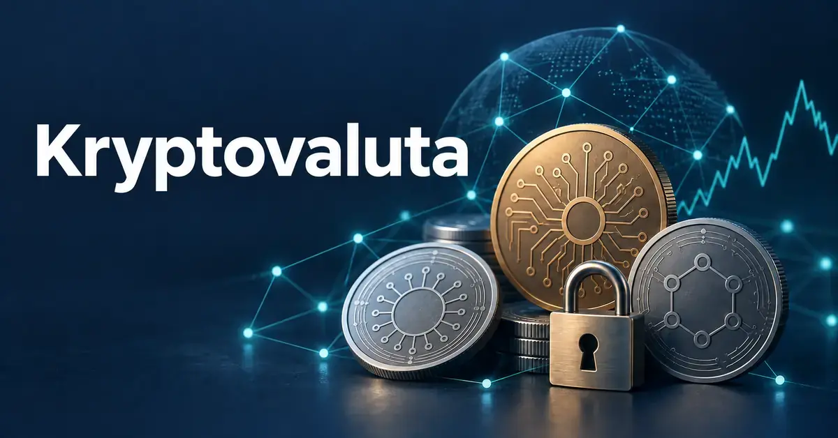 Illustration av digitala mynt, ett hänglås och ett globalt nätverk med en svängande kurslinje under rubriken Kryptovaluta.