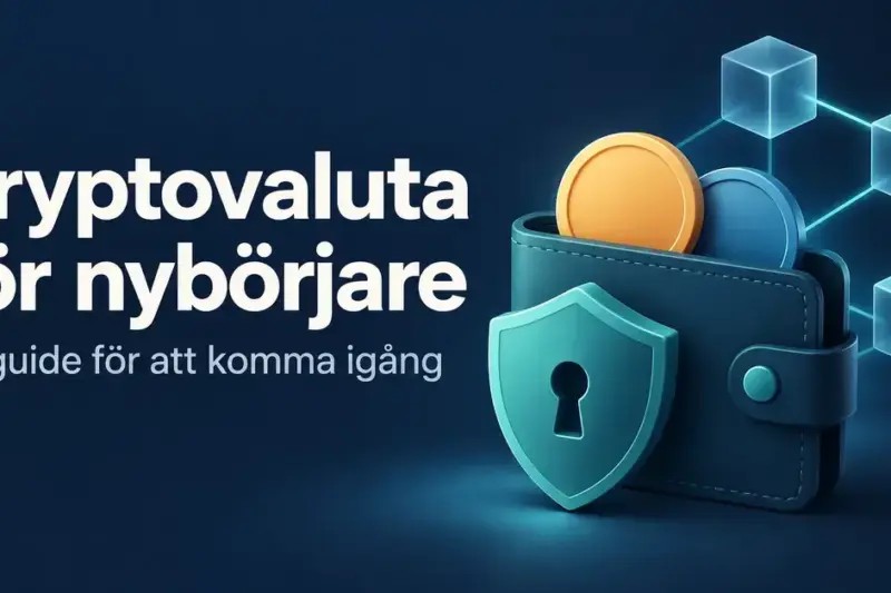 Illustration med texten ”Kryptovaluta för nybörjare”, en plånbok med digitala mynt, en säkerhetssköld och sammankopplade block som symboliserar en blockkedja.