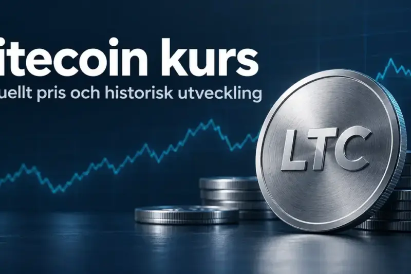 Silverfärgade mynt med texten LTC framför en illustrativ blå kurskurva och rubriken ”Litecoin kurs – Aktuellt pris och historisk utveckling”.