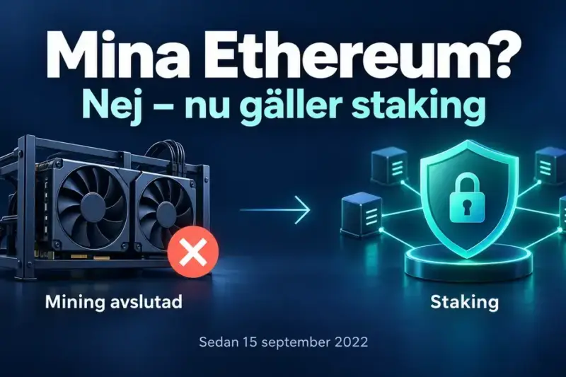 Illustration av Ethereums övergång från mining till staking den 15 september 2022, med en överkryssad miningrigg och en sköld med hänglås kopplad till nätverksnoder.