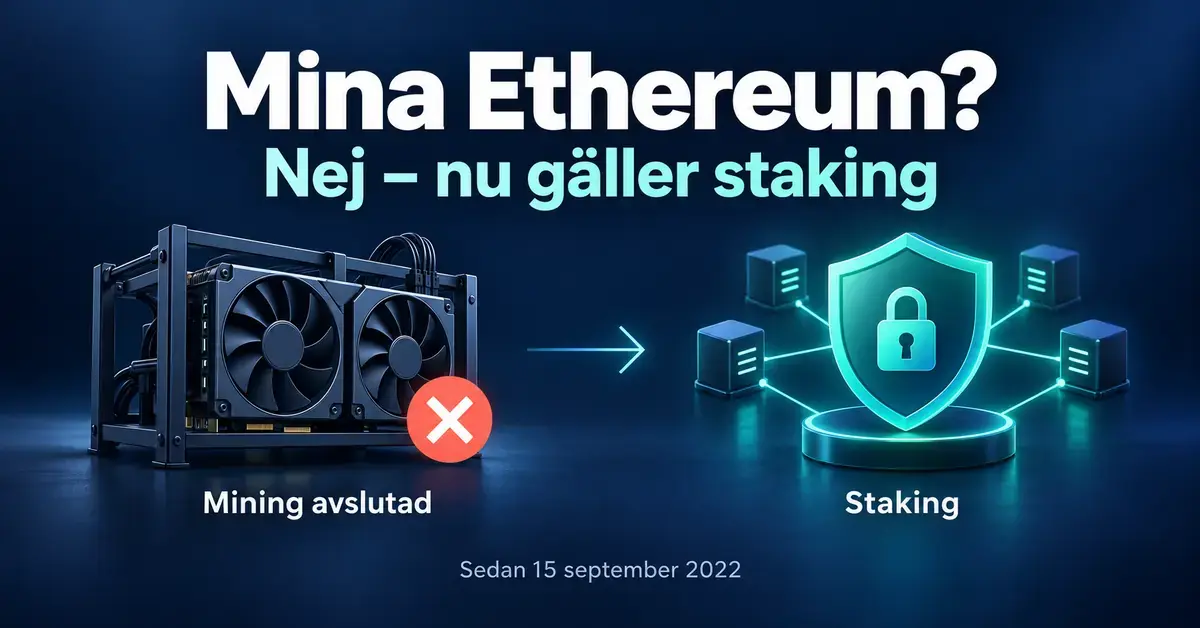 Illustration av Ethereums övergång från mining till staking den 15 september 2022, med en överkryssad miningrigg och en sköld med hänglås kopplad till nätverksnoder.