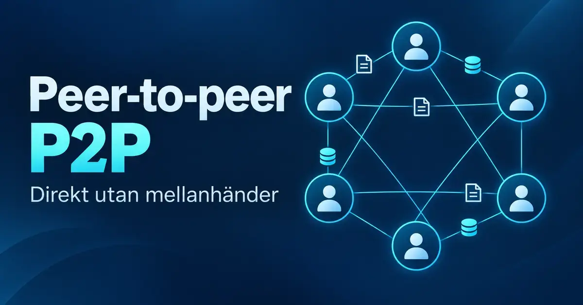 Illustration av ett decentraliserat P2P-nätverk där sex användare är direkt sammankopplade för att dela filer och överföra värde utan mellanhänder.