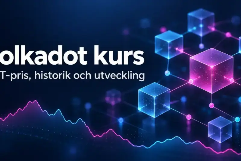 Illustration av sammankopplade blockkedjor och en stiliserad kurskurva i blått och rosa med texten ”Polkadot kurs – DOT-pris, historik och utveckling”.