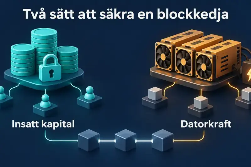 Illustration som jämför insatt kapital i Proof of Stake med datorkraft i Proof of Work som två sätt att säkra en blockkedja.