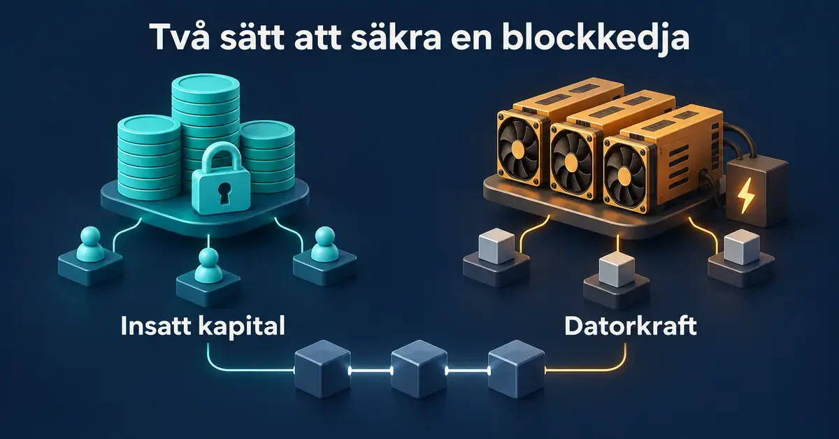 Illustration som jämför insatt kapital i Proof of Stake med datorkraft i Proof of Work som två sätt att säkra en blockkedja.