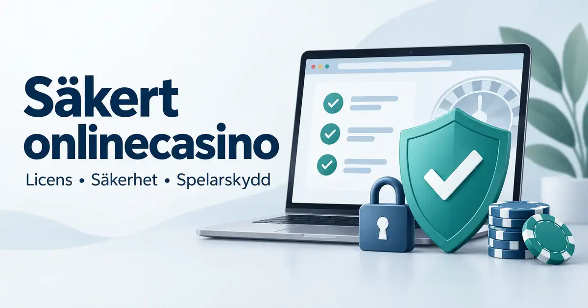 Illustration av en dator med checklista, en skyddssköld, ett hänglås och spelmarker intill texten ”Säkert onlinecasino – Licens, Säkerhet, Spelarskydd”.