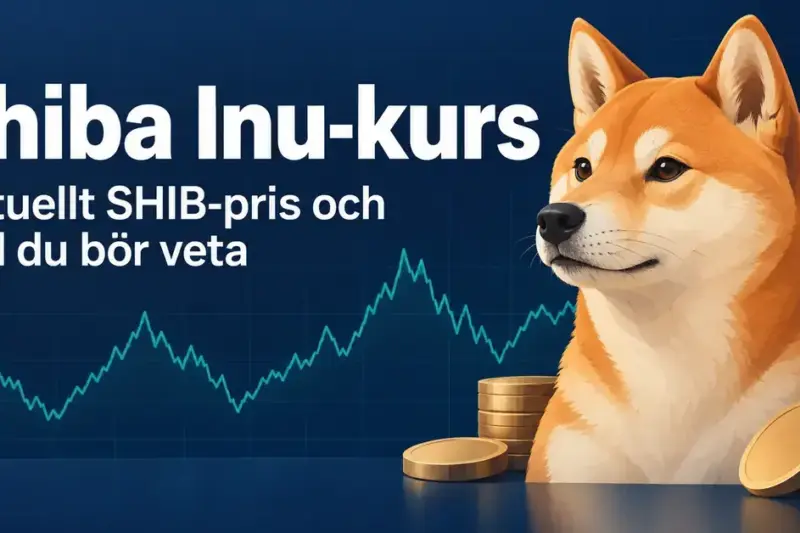Illustrerad shiba inu med mynt och ett abstrakt kursdiagram mot mörkblå bakgrund samt texten ”Shiba Inu-kurs – Aktuellt SHIB-pris och vad du bör veta”.