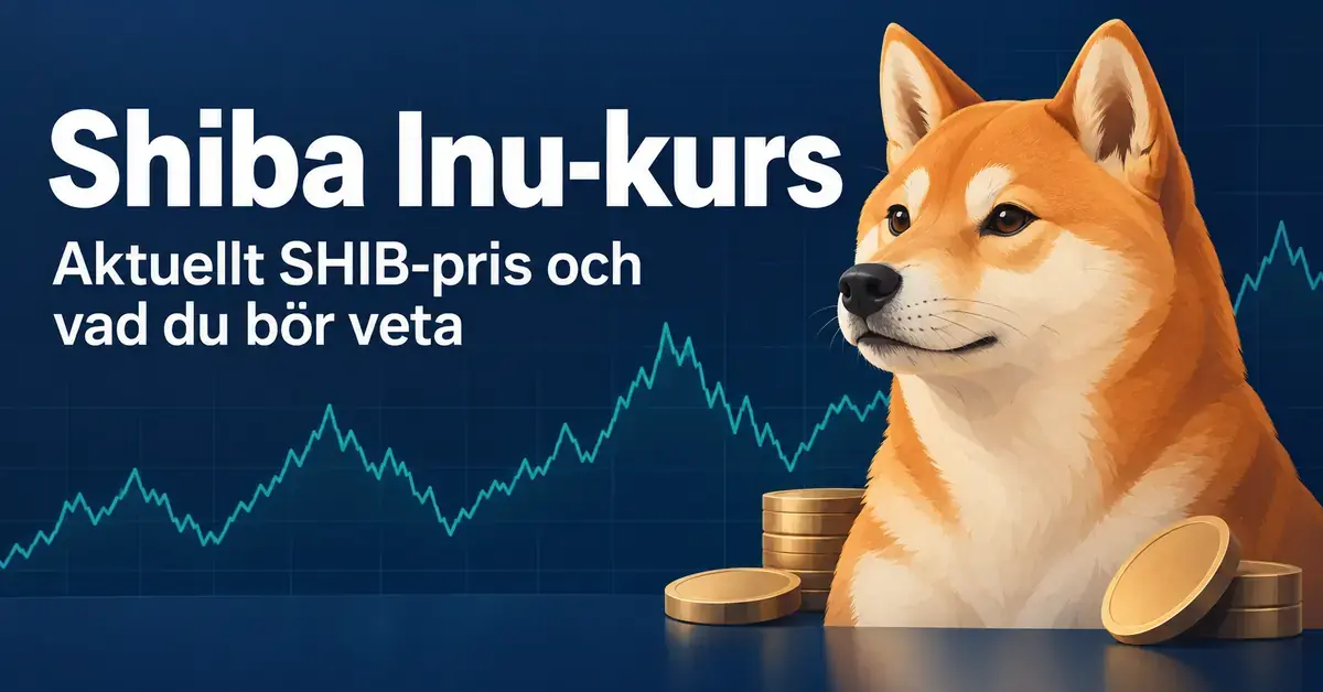 Illustrerad shiba inu med mynt och ett abstrakt kursdiagram mot mörkblå bakgrund samt texten ”Shiba Inu-kurs – Aktuellt SHIB-pris och vad du bör veta”.