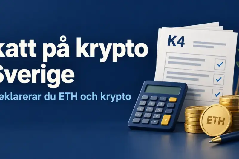 Illustration om skatt på kryptovaluta i Sverige med K4-blankett, miniräknare, mynt märkta ETH och en svensk flagga.