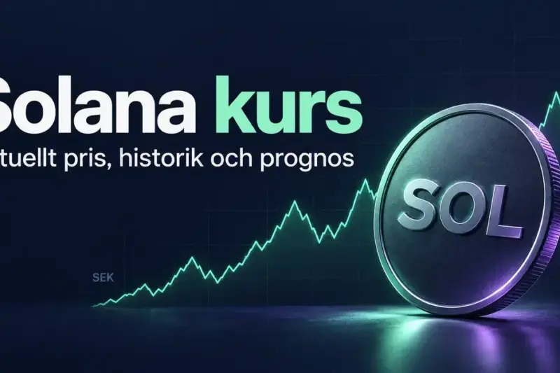 Illustration av ett mynt med texten SOL framför en stiliserad kurskurva, med rubriken Solana kurs och underrubriken Aktuellt pris, historik och prognos.