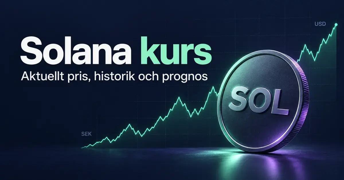 Illustration av ett mynt med texten SOL framför en stiliserad kurskurva, med rubriken Solana kurs och underrubriken Aktuellt pris, historik och prognos.