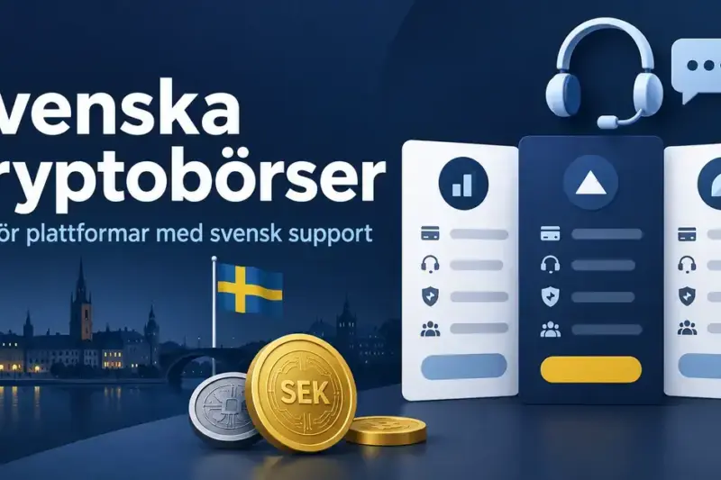 Illustration av svenska kryptobörser med jämförelsekort, kundtjänstheadset, svenska flaggan och digitala mynt som symboliserar handel i kronor.