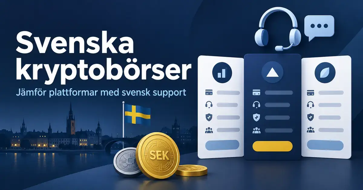 Illustration av svenska kryptobörser med jämförelsekort, kundtjänstheadset, svenska flaggan och digitala mynt som symboliserar handel i kronor.