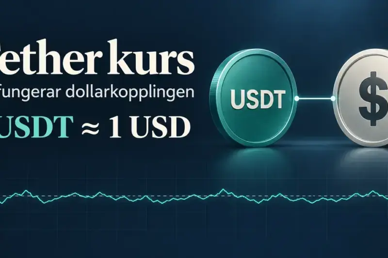 Illustration av USDT:s dollarkoppling med två sammanlänkade mynt, texten 1 USDT ≈ 1 USD och en kurslinje som varierar kring målvärdet.