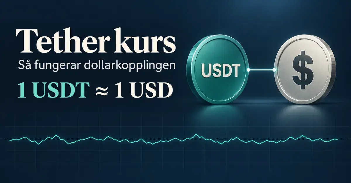 Illustration av USDT:s dollarkoppling med två sammanlänkade mynt, texten 1 USDT ≈ 1 USD och en kurslinje som varierar kring målvärdet.