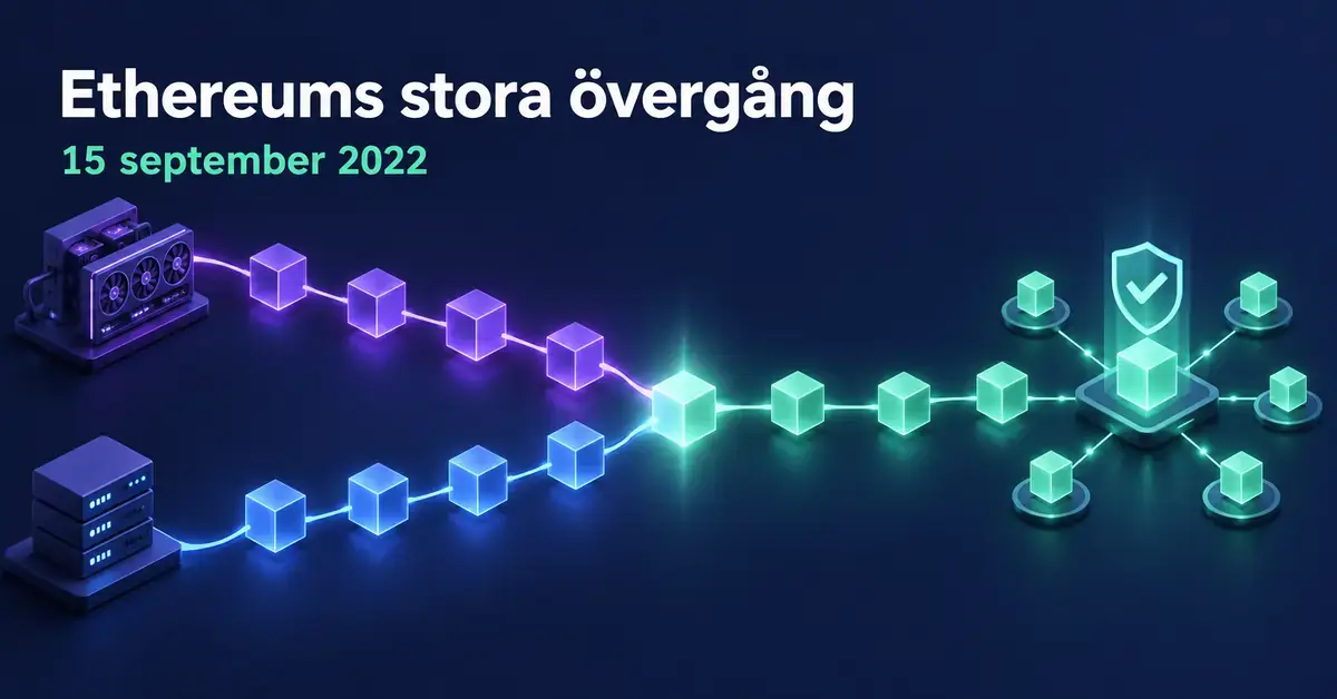 Illustration av hur två blockkedjor förenas vid Ethereums övergång från gruvdrift till ett nätverk av validerare den 15 september 2022.